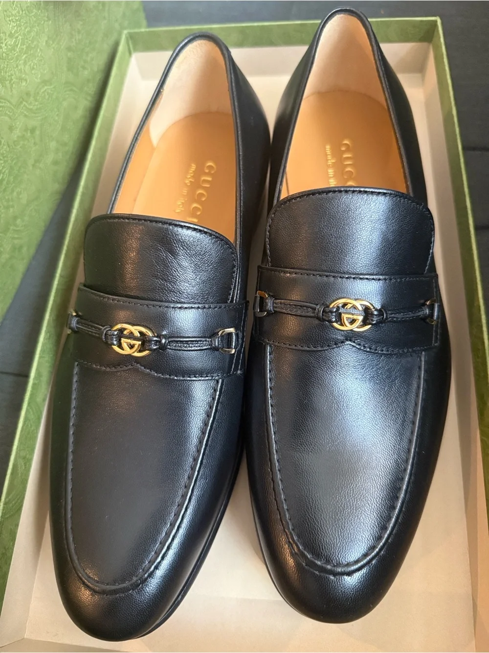 Gucci Black Leather Men’s Horsebit Penny Loafers with Gold Hardware